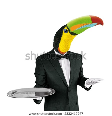Hyper realistic illustration of a server with the head of a toucan