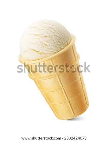 One vanilla ice cream in a crispy waffle sugar cone or cup isolated on white background.