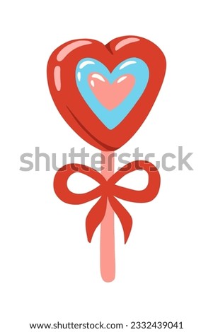 Lollipop with a heart on a stick with a bow. Sweet candy on a stick. Children's illustration for for greeting card, invitation, print, sticker. Illustration for birthday and valentine's day.