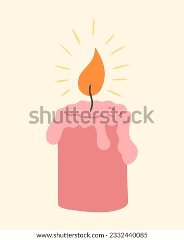 Сandle with a flame. Design element for greeting card, invitation, print, sticker. Cartoon greeting illustration for Christmas, Xmas, valentine's day, birthday and New Year.