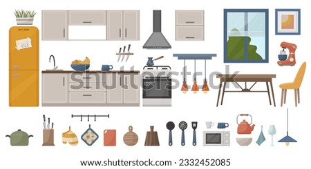Set of vector interior elements. Cozy kitchen interior with furniture. Decor for the kitchen. Kitchen tools. Kitchen furniture. Refrigerator and oven, microwave, shelves for dishes, table. Vector. Royalty-Free Stock Photo #2332452085