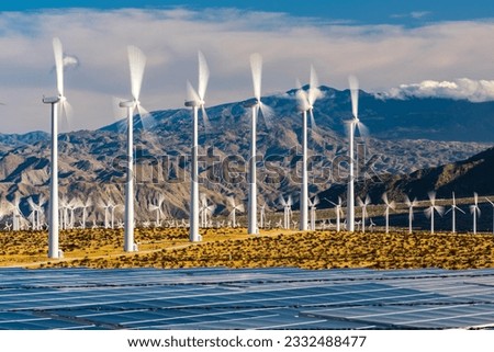 Renewable Symphony: Wind Turbine Farm and Solar Panels in the Vibrant Southern California Landscape, United for Sustainable Energy in 4K Resolution