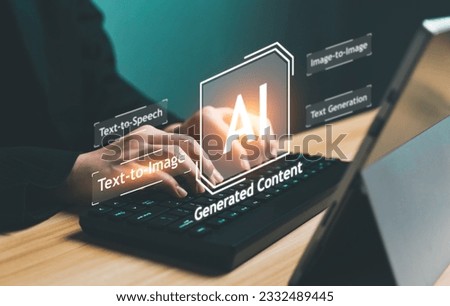 AI, Artificial Intelligence, AI generated content Concept. Artist Man using AI Art to generate image content. Text to image command prompt generates, technology Business, futuristic transformation. Royalty-Free Stock Photo #2332489445