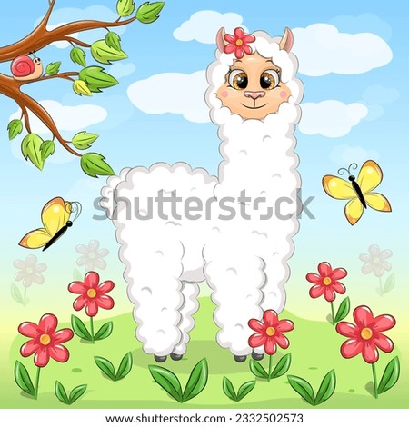 Cute cartoon llama in nature. Spring animal vector illustration with red flowers, yellow butterflies, green grass, tree, blue sky and white clouds.