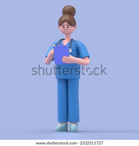 3D illustration of Female Doctor Mary holds blue clipboard. Professional caucasian male specialist. Medical clip art isolated on blue background. Hospital assistant
