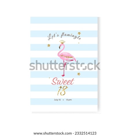 18th years birthday invitation card with glitter elements and a pink flamingo in the middle. Template. Vector illustration