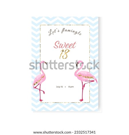 18th years birthday invitation card with glitter elements and two pink flamingos in the middle. Template. Vector illustration