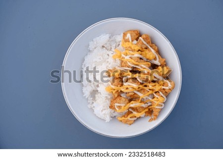 Flat lay or top view shot of a plate of Ayam Goreng or crispy fried chicken with cheese sauce, mayonnaise, and rice on a grey table