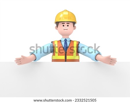 3D illustration of male engineer Owen holding a board.Engineer presentation clip art isolated on white background
