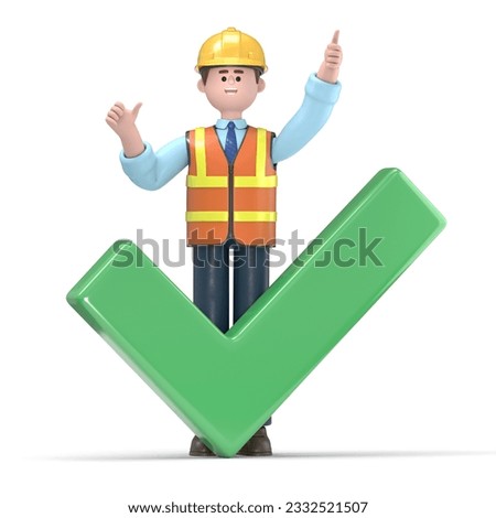 3D illustration of male engineer Owen showing thumbs up with green check mark.Engineer presentation clip art isolated on white background
