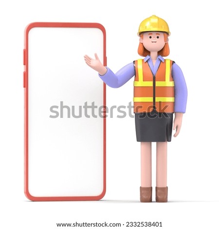 3D illustration of a Female engineer Pam with big phone.Portraits of cartoon characters standing man pointing finger at screen,Engineer presentation clip art isolated on white background.
