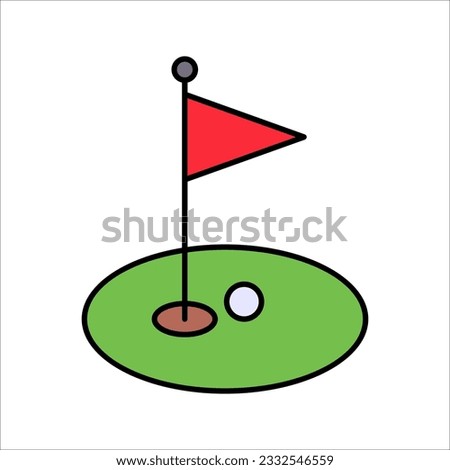 Golf course green with flag or flagstick and golf ball flat vector illustration on white background