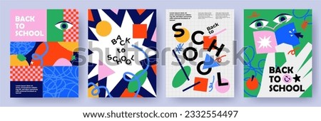 Posters or covers set in trendy doodle style with geometric shapes, bold design elements and modern typography. Back to school, college, education, study concept. Templates for ads, branding, banner