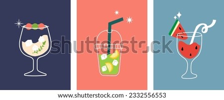 Set of cocktails in different types of glasses. Vector illustration of summer cocktail. hand draw