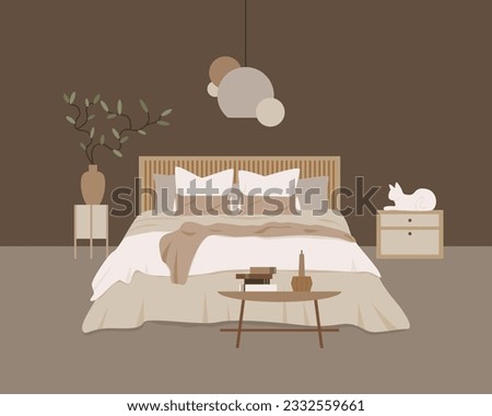 Modern loft bedroom vector flat isolated elements. Stylish home decor in scandinavian style. Boho ethnic apartment in terracotta, pastel white and beige colors. Hygge lifestyle design.