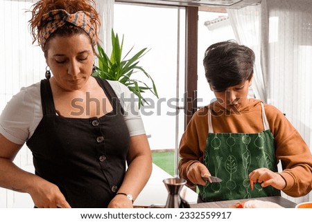 The brown-haired boy is wearing a green apron and cooking with his mother at home-they are in a sunny kitchen-Pictures of family members cooking-Cooking with the family-.