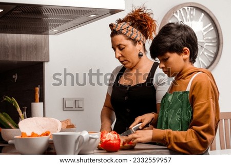 A mom cooking at home with her brown-haired, 10-year-old son who is slicing a tomato - they are in a sunny kitchen-Pictures of family members cooking-Family Cooking