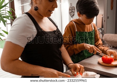 A mom wearing an apron and cooking with her brown-haired, green-aproned 10-year-old son who is slicing a tomato-they are in a sunny kitchen-Pictures of family members cooking-Cooking as a family.