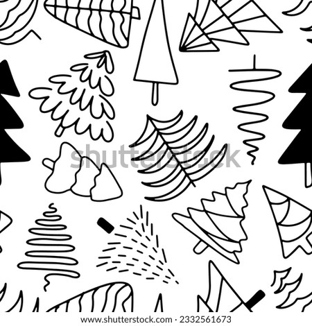 Christmas illustration seamless pattern background. Black fir tree pine doodle line on white. New Year vintage decorative template shopping print textile fabric wrapping