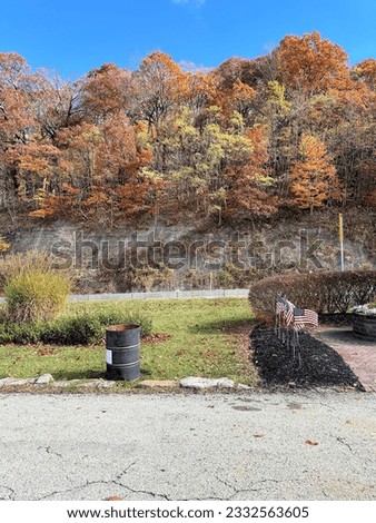 fall leaves on trees beside a road Royalty-Free Stock Photo #2332563605