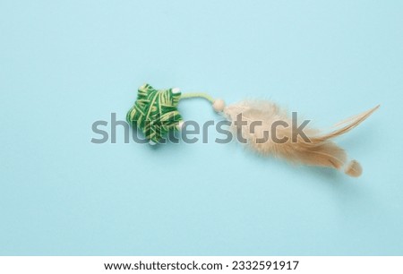 Cat toy with feather on blue background