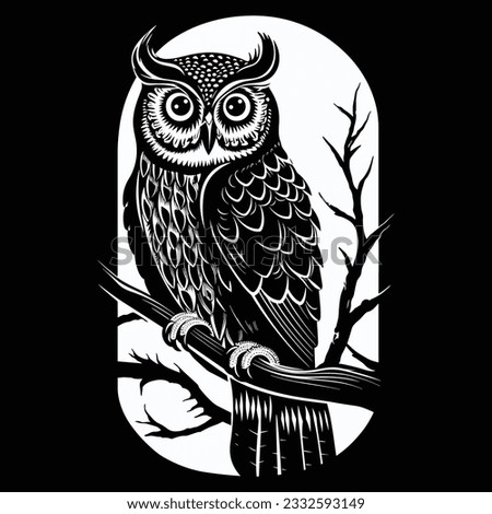 cute innocent owl on tree vector character, black and white.