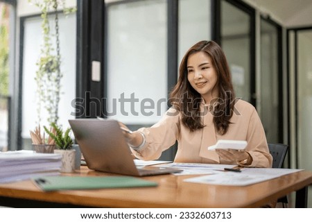 Portrait of smart business woman sitting with her busy work, calculate accounts, check statistics