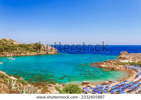 Sea view and beach in Ladiko bay, Rhodes island, Greece, Europe Royalty-Free Stock Photo #2332605887