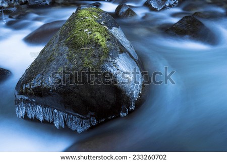 A creek rock stands frozen with ice in the centre of Silver Creek.  Silver Lake Provincial Park, Fraser Valley, BC, Canada