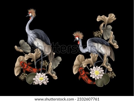 Crowned cranies, koi fish, lilies and leaves isolated. Vector