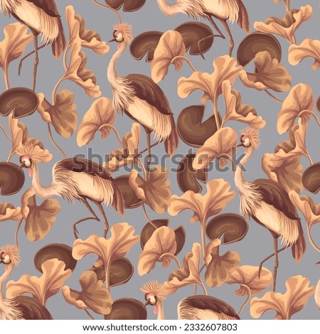 Seamless pattern with crowned cranies and lily leaves. Vector.