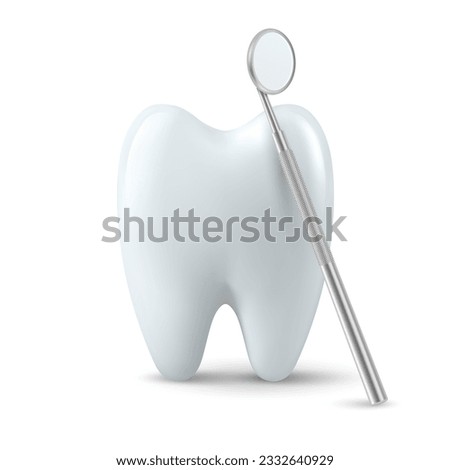 Vector 3d Realistic Dental Inspection Mirror for Teeth with Tooth Icon Closeup Isolated on White Background. Medical Dentist Tool. Design Template, Clipart. Dental Health Concept Royalty-Free Stock Photo #2332640929