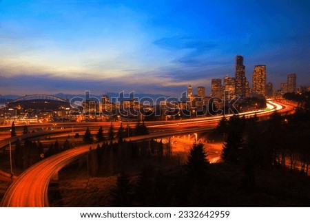 Overlooking downtown Seattle at dusk.