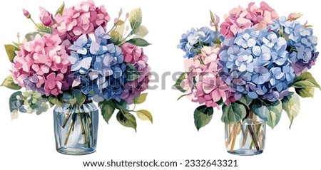 Bouquet of hydrangeas in a vase clipart, isolated vector illustration.