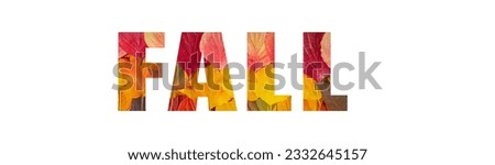 Letters FALL from colorful autumn leaves isolated on a white background. Long banner