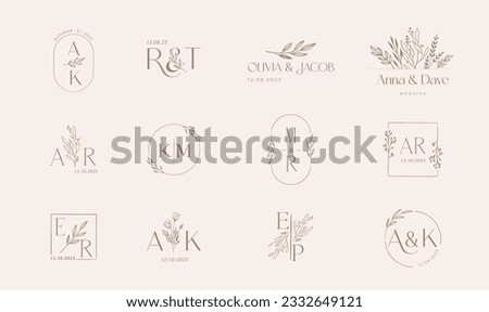 Wedding logos, hand drawn elegant, delicate and minimalist monogram collection. Botanical vector design Royalty-Free Stock Photo #2332649121