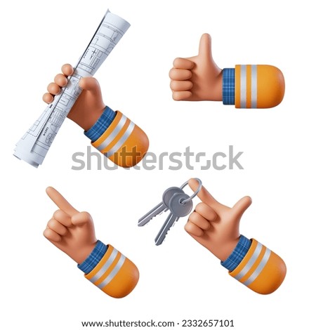 3d render, cartoon human arms hold keys and blueprint scroll. Professional builder or architect. Construction icons collection. Renovation service clip art set isolated on white background