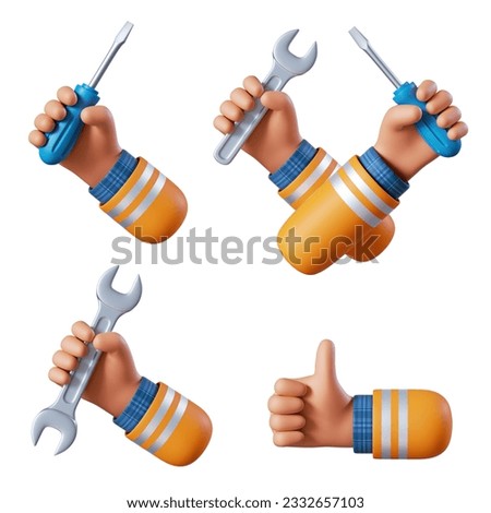 3d rendering, set of cartoon human master hands hold fixing and building tools. Construction and renovation service clip art isolated on white background