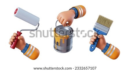 3d render, set of cartoon human arms holding painting tools, brush and can of yellow paint. Renovation service clip art isolated on white background