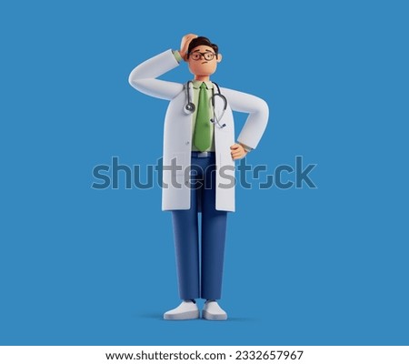 3d render, full body length cartoon character doctor looks confused. Thinking caucasian man touches head. Medical clip art isolated on blue background. Problem solving. Professional therapist at work