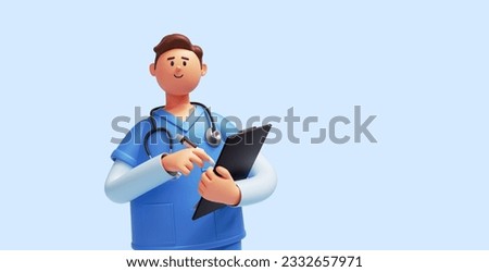 3d render, caucasian young man, nurse cartoon character wears blue shirt, holds pen and clipboard. Health care consultation. Hospital assistant. Medical insurance concept