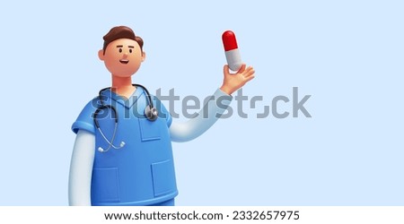 3d render, caucasian young man, nurse cartoon character wears blue shirt, talks and looks at camera, holds big pill. Pharmaceutical consultation. Hospital assistant. Medical clip art