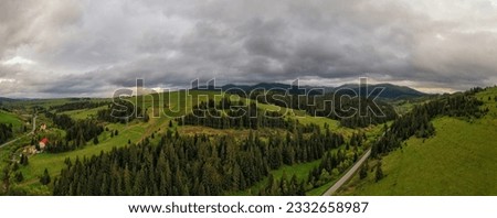 Aerial view of the endless lush pastures of the Carpathian expanses and agricultural land. Rural mountain landscape, drone panoramic picture. Ukraine.
