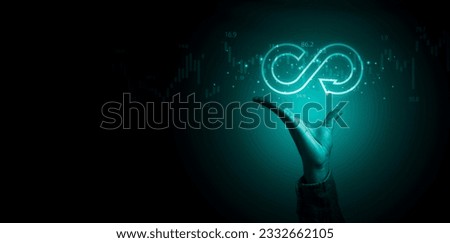 Hand holding infinity sign symbol with stock market chart graph for circular economy and business growth unlimited by , future together sustainable development business and environment concept. Royalty-Free Stock Photo #2332662105
