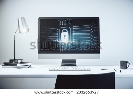 Creative lock sketch with chip hologram on modern computer monitor, protection of personal data concept. 3D Rendering Royalty-Free Stock Photo #2332663929