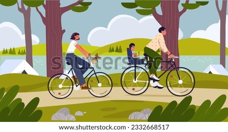Family riding bikes concept. Woman and man with child travel in environmentally friendly transport. Young couple with boy at bicycle. Active lifestyle and rest. Cartoon flat vector illustration
