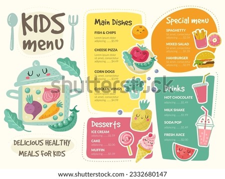 Menu for kids. Restaurant template menu print design with place for text recent vector