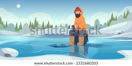 Winter fishing background. Fisherman with rod sitting on ice and fishing exact vector template
