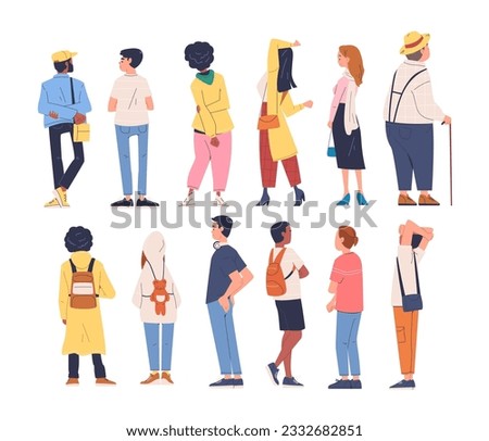 People rear view. Man and woman persons turned back, behind standing human character, posterior female or backside male worker person in style clothes, classy vector illustration of female and male Royalty-Free Stock Photo #2332682851