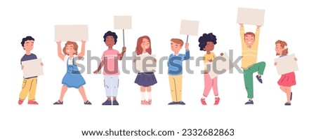 Children holding placards. Kids hold white sheet or banner, protesting child with sign board blank space billboard, teenager school student protest, cute classy vector illustration Royalty-Free Stock Photo #2332682863